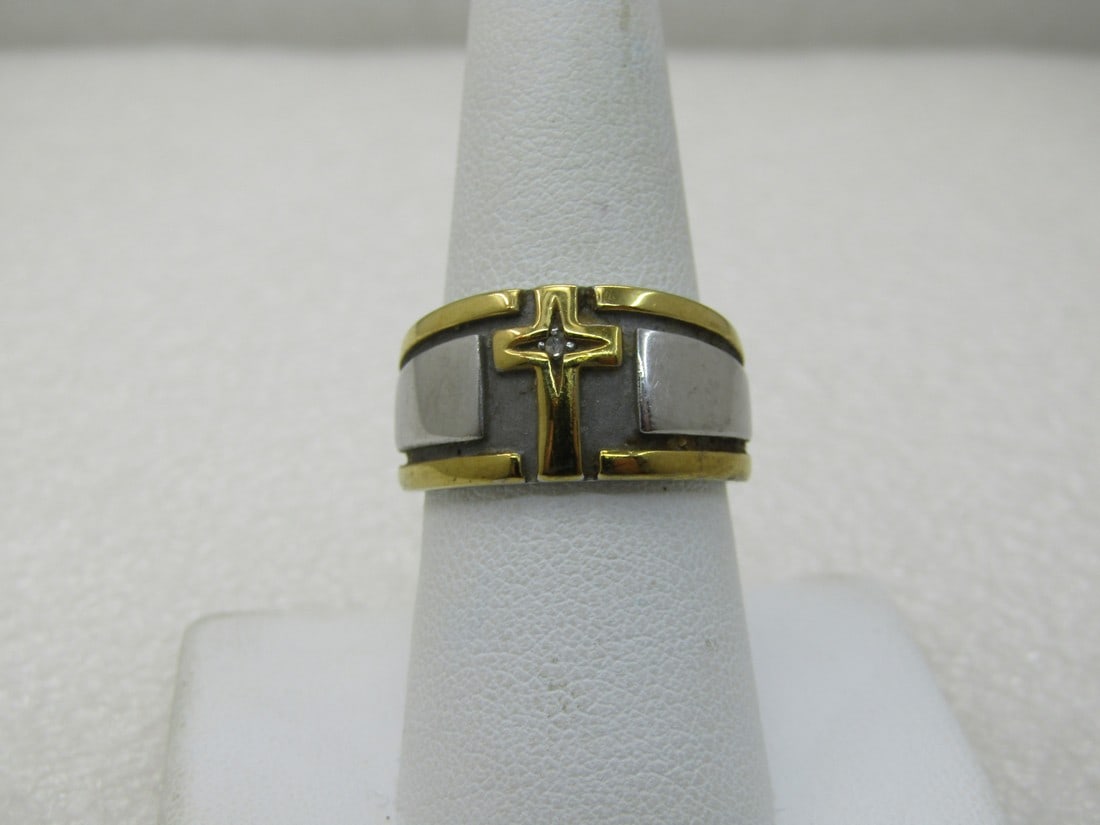 Men's Stainless Steel & Gold Cross Ring/Band, Diamond Chip, Sz. 8.5, with Verse (1 of 8)