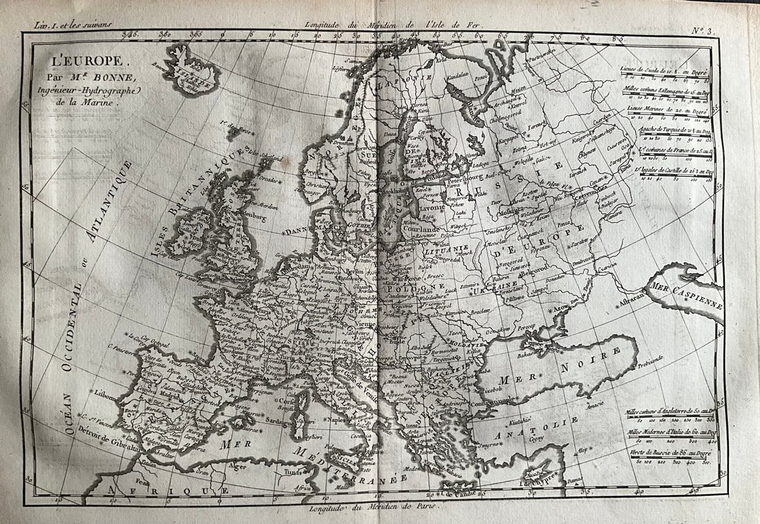 1775-1780 Europe. By Bonne & Raynal: Title: 1775-1780 Europe. By Bonne & Raynal Date/Period: 1775-1780 Materials: Copperplate engraved Size: 10” x 14 1/2” This antique map, created by R. Bonne and Raynal between 1775 and 1780