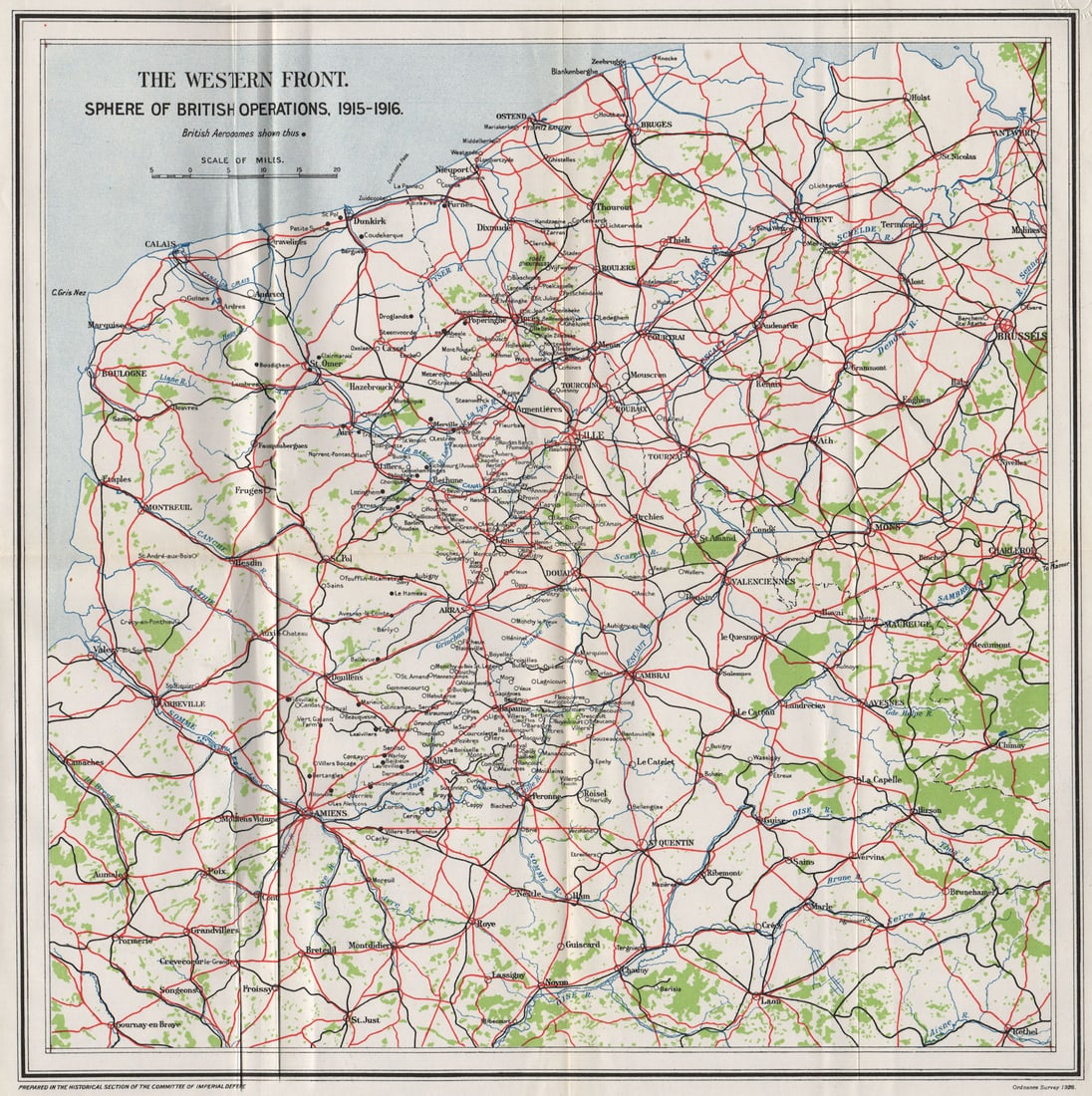 WW1 WESTERN FRONT. Sphere of British operations, 1915-1916 1928 old map (1 of 1)