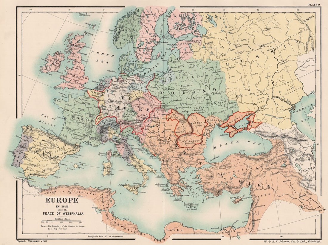 EUROPE IN 1648. After the Peace of Westphalia. Holy Roman Empire 1902 old map (1 of 1)