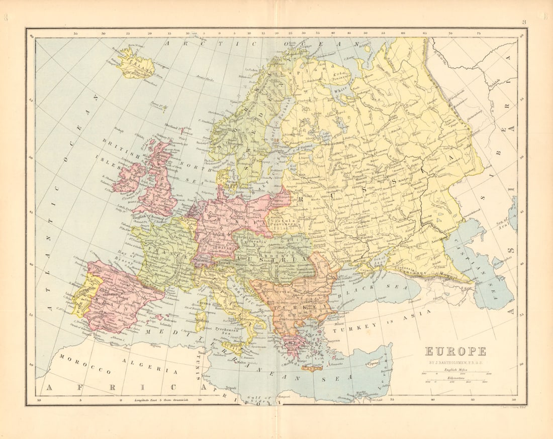 EUROPE. Prussia. Turkey in Europe. BARTHOLOMEW 1876 old antique map plan chart: CAPTION PRINTED BELOW PICTURE: 'Europe' DATE PRINTED: 1876 IMAGE SIZE: Approx 23.5 x 31.0cm, 9.25 x 12.25 inches (Large); Please note that this is a folding map. TYPE: Antique colour map CONDITION: Go