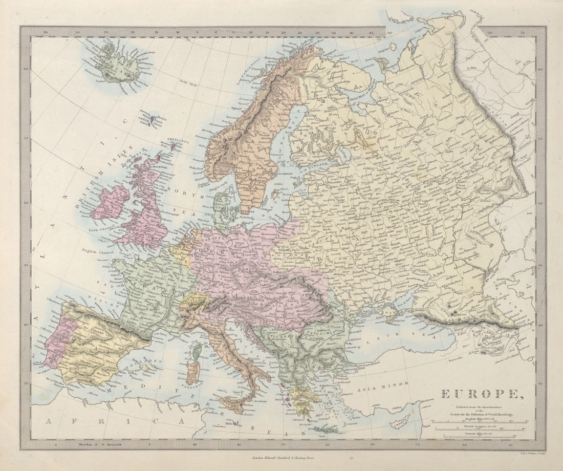 EUROPE general map. Austrian Lombardy–Venetia. Turkish Crete. SDUK 1857 (1 of 1)