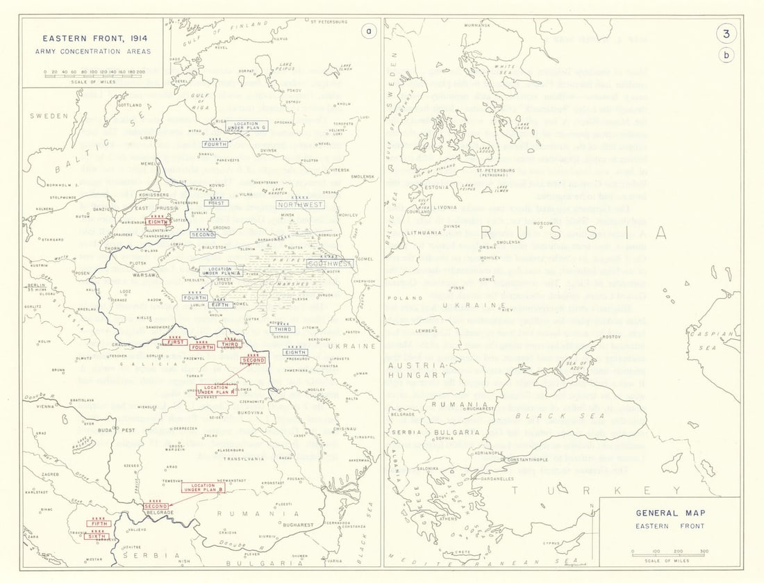 World War 1. Eastern Front, 1914. Army Concentration Areas 1959 old map (1 of 1)