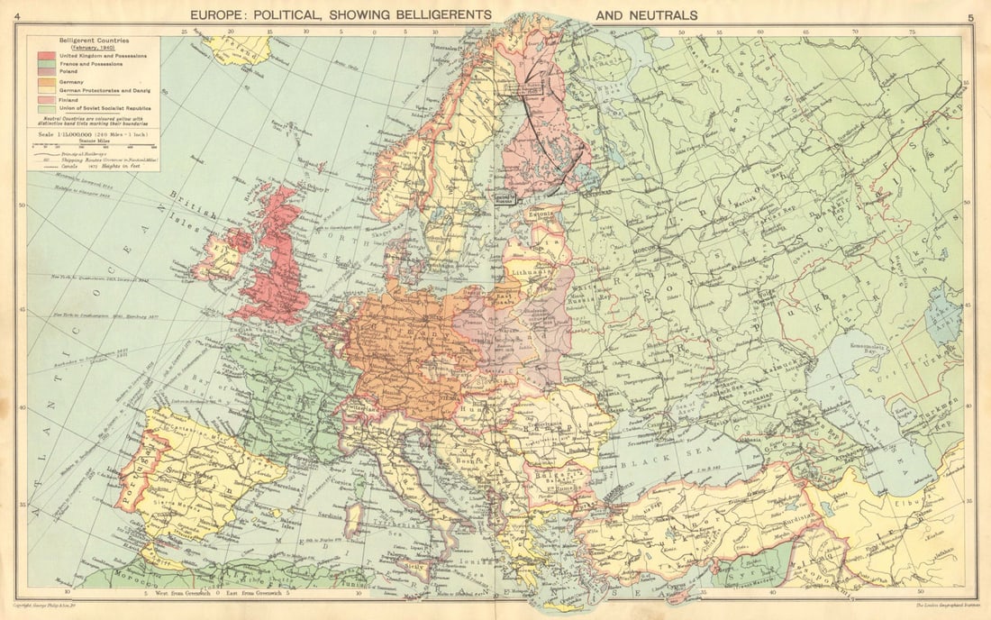1940 EUROPE. WW2.Belligerents/Neutrals Occupied Poland/Finland Albania 1940 map: TITLE/CONTENT OF MAP: 'Europe: Political, Showing Belligerents and Neutrals' DATE PRINTED: March 1940 IMAGE SIZE: Approx 27.5 x 43.5cm, 10.75 x 17.25 inches (Large) TYPE: Vintage colour map; Scale 1:1