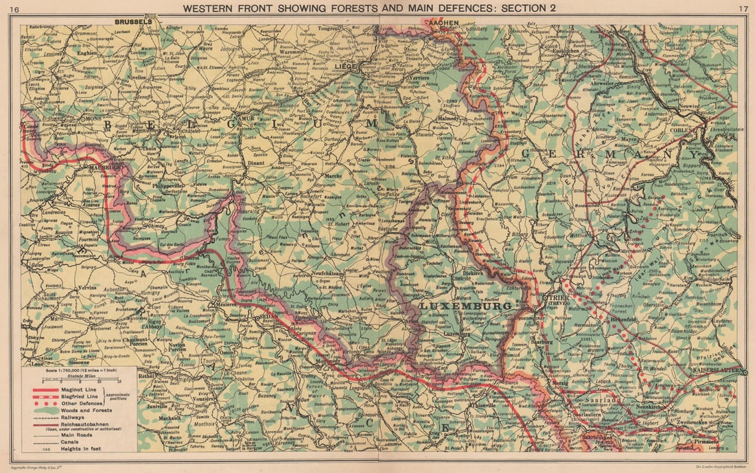 WORLD WAR 2. Maginot & Siegfried lines defences. Pre-invasion. Belgium 1940 map (1 of 1)