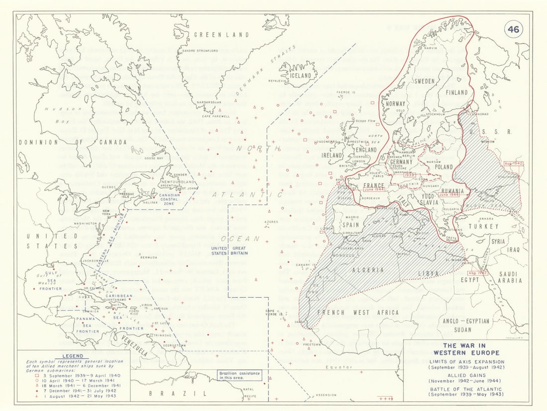World War 2 Europe Battle of the Atlantic 1939-43 Axis Expansion limits 1959 map (1 of 1)