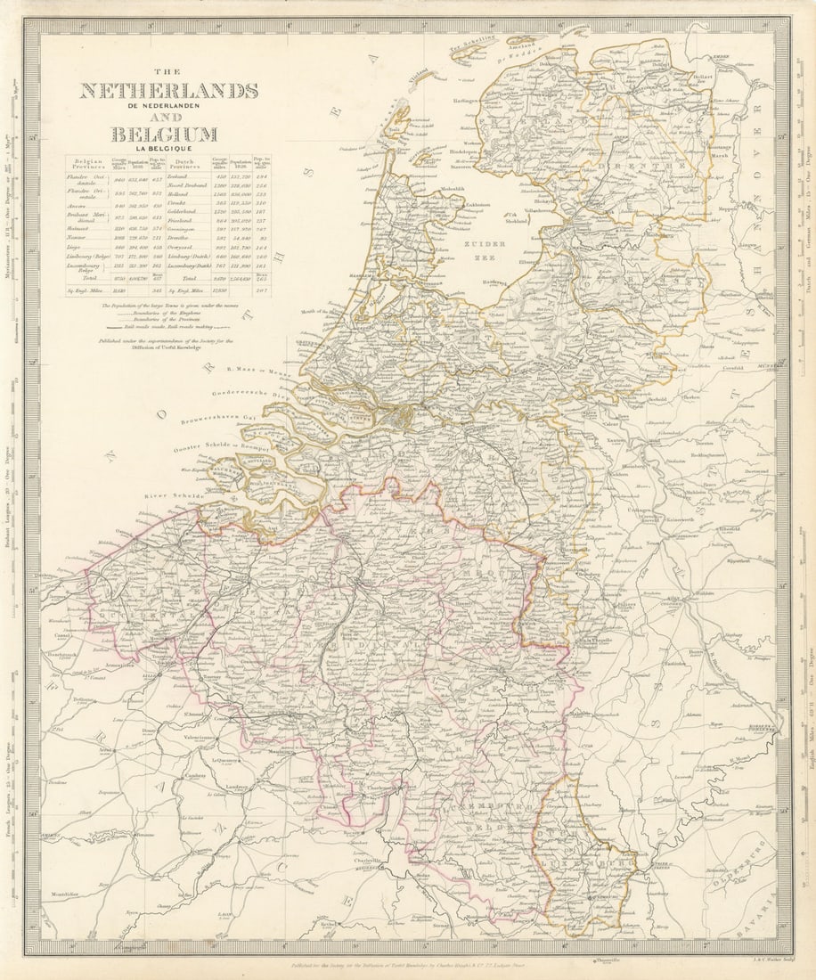 NETHERLANDS & BELGIUM w/ railways in use & under construction. SDUK 1844 map: CAPTION PRINTED BELOW PICTURE: 'THE NETHERLANDS AND BELGIUM' DATE PRINTED: This map was originally published by SDUK in 1843 this date is printed on the map. This edition of the map was printed and pu