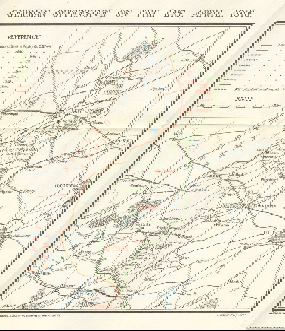 WW1 WESTERN FRONT. German offensive on the Lys, April 1918 1934 old map (1 of 1)