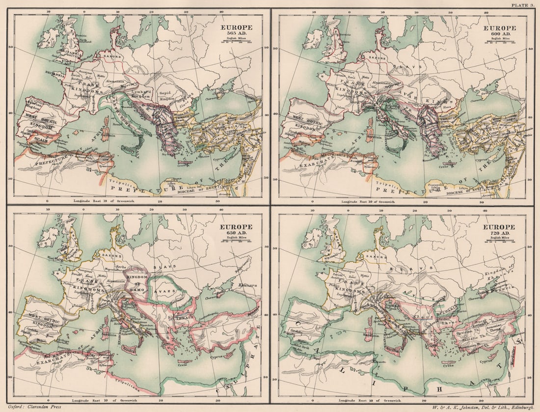 DARK AGES EUROPE. in 565 600 650 & 720 AD. 6th 7th & 8th centuries 1902 map: TITLE/CONTENT OF MAP: 'Europe 565 A.D.; Europe 600 A.D.; Europe 650 A.D.; Europe 720 A.D.;' DATE PRINTED: 1902 IMAGE SIZE: Approx 24.5 x 32.5cm, 9.75 x 12.75 inches (Large) TYPE: Antique colour map. T