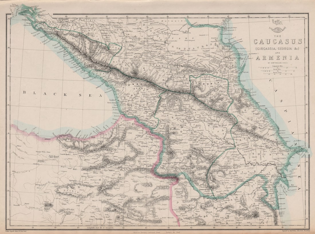 THE CAUCASUS & ARMENIA. Circassia Georgia Armenia. Azerbaijan. WELLER 1863 map (1 of 1)