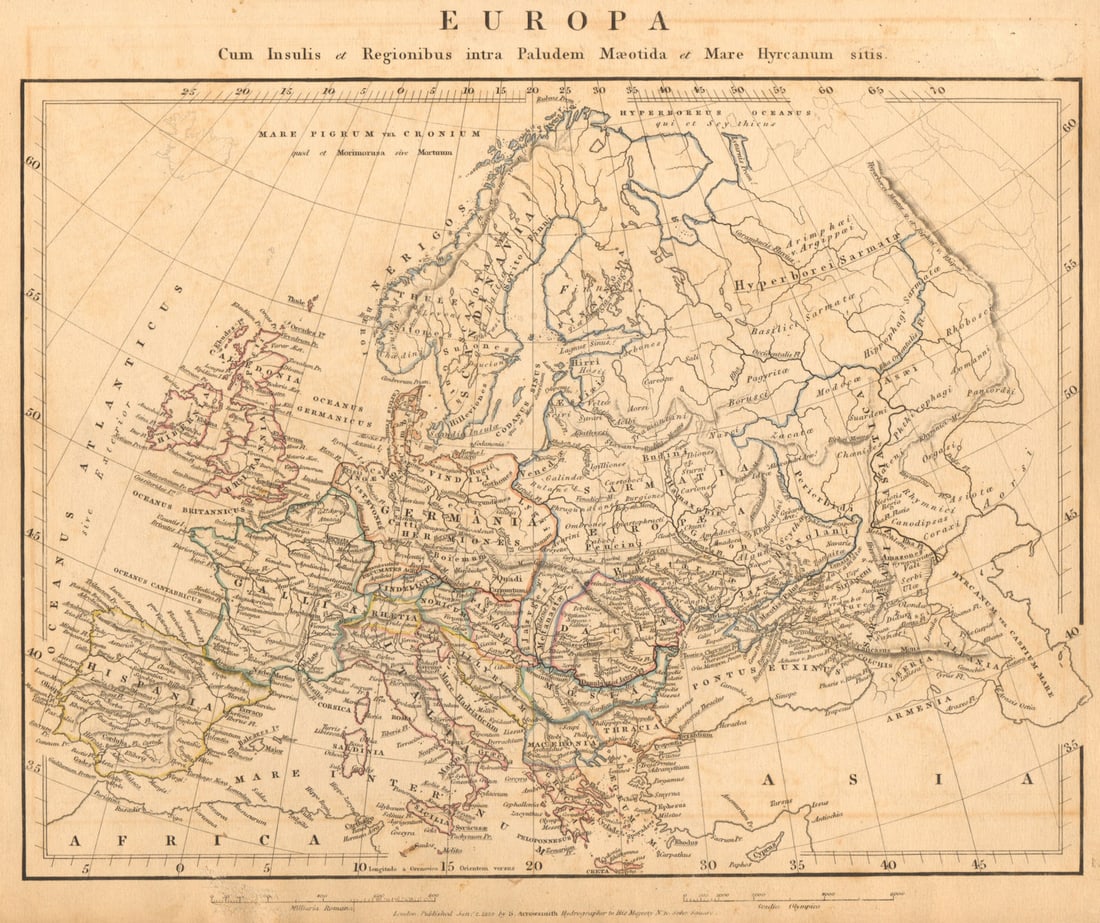 ANCIENT ROMAN EUROPE. Europa. Germania Gallia Hispania. ARROWSMITH 1828 map: TITLE/CONTENT OF MAP: 'Europa cum Insulis et Regionibus intra Paludem Maeotida et Mare Hyrcanum sitis' DATE PRINTED: 1828 IMAGE SIZE: Approx 26.0 x 32.0cm, 10.25 x 12.5 inches (Large) TYPE: Antique co