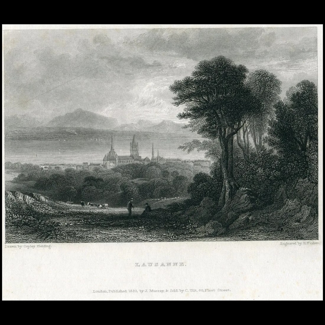 Lausanne, Switzerland - Antique print c.1833: Laussane (Switzerland) - Antique steel engraving print. Engraver: Edward Francis Finden (1791-1857). Artist: after Anthony Vandyke Copley Fielding (22 November 1787 – 3 March 1855), commonly cal