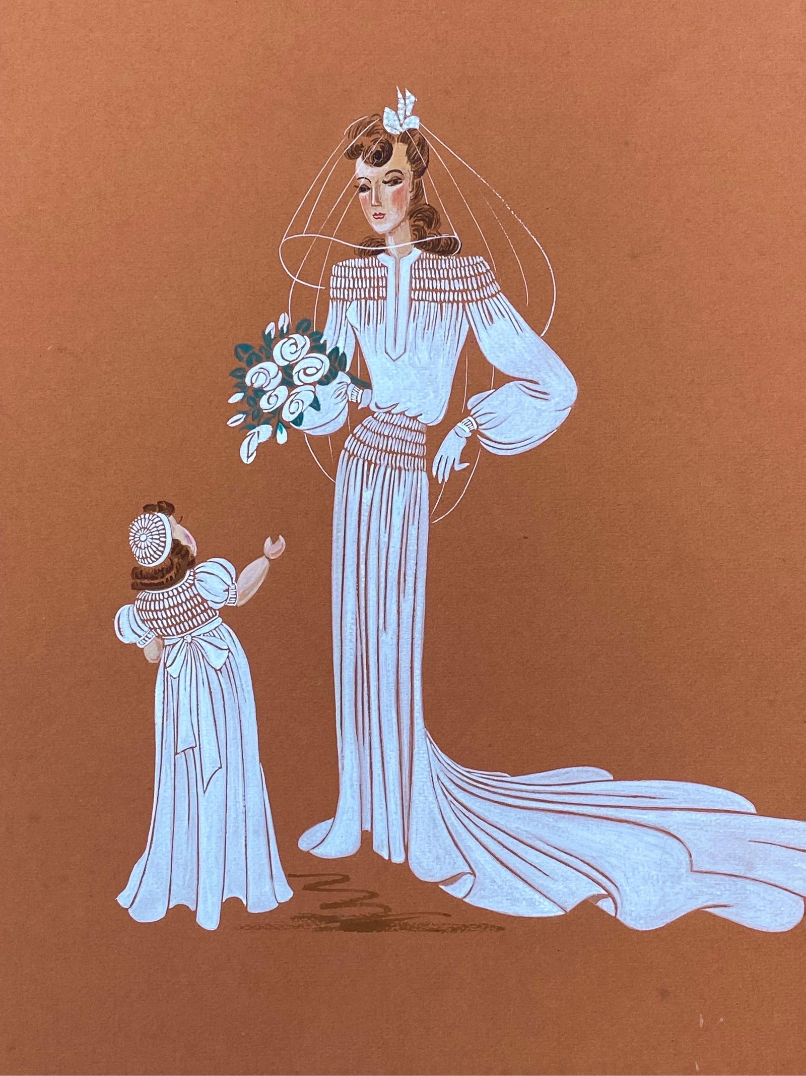 1940's Fashion Illustration - Beautiful Bride & Child Portrait Scene c. 1940's: About the Item Very stylish, unique and original 1940's fashion design by French illustrator Geneviève Thomas. The painting, executed in gouache and pencil, double sided. The sketch is original,