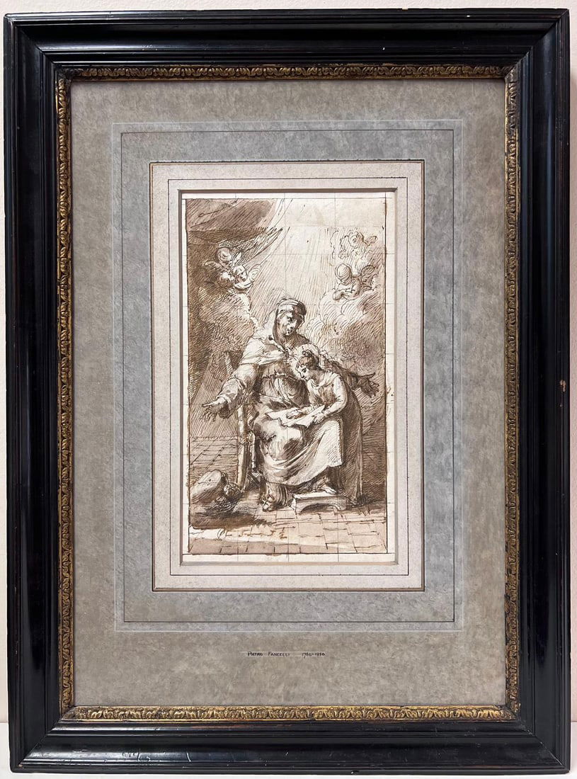 Italian Old Master Ink & Wash Drawing St. Anne & The Virgin Mary with Cherubs: About the Item Pietro Fancelli (Italian 1764 - 1850) bio details attached to the frame 'St. Anne & The Virgin' ink with watercolor wash on paper, framed framed: 22 x 16 inches image: 11 x 6.5 inches p