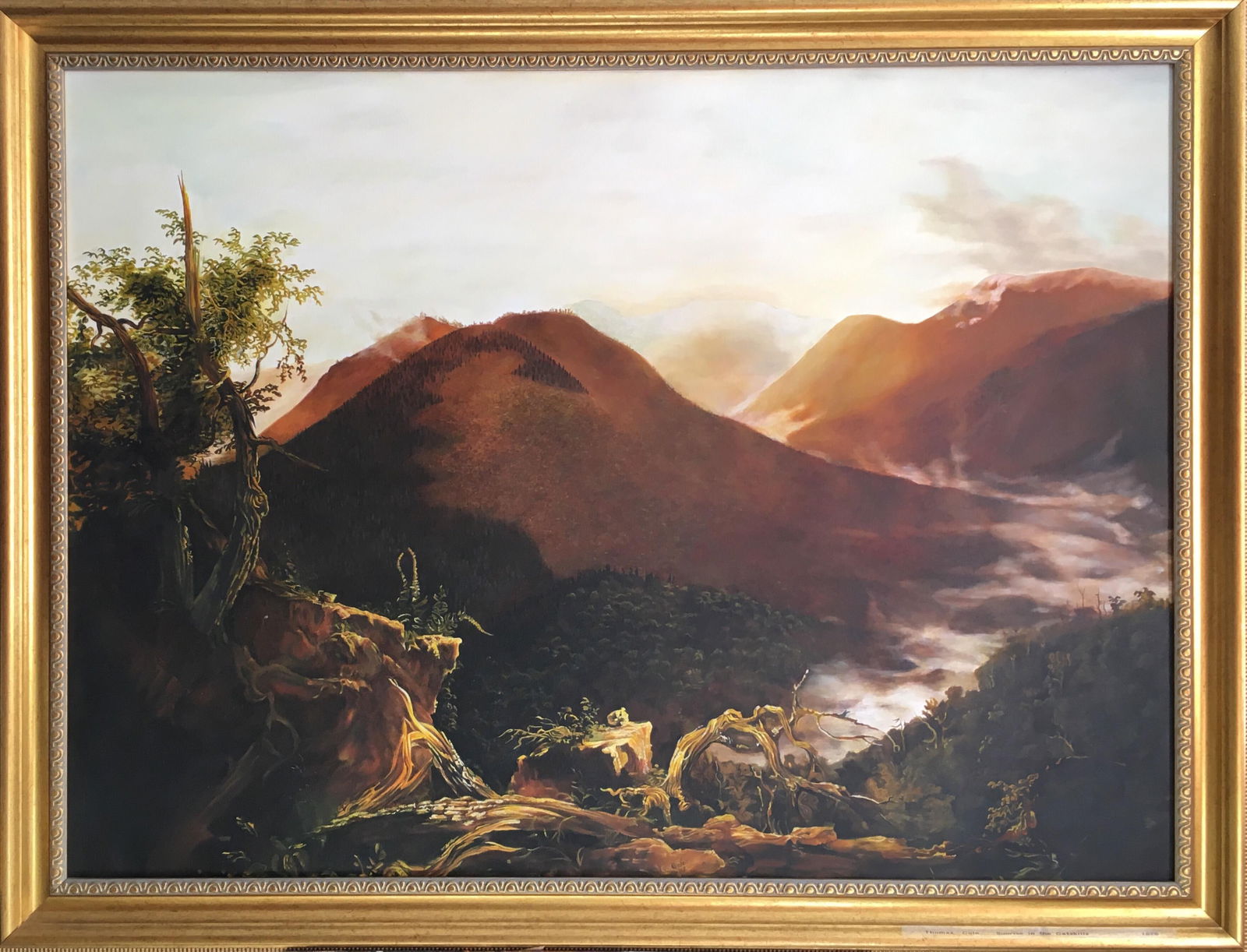 Sunrise in the Catskills Huge Oil Painting c. 2000: About the Item Sunrise in the Catskills after the earlier painting by Thomas Cole (American 1801-1848) Oil painting on canvas, framed Framed size: 40 x 52 inches In 1826, Thomas Cole met Robert Gilmor