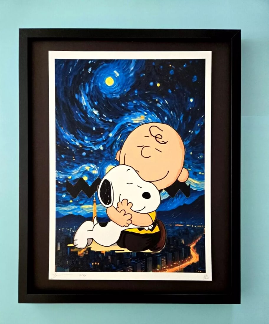 Death NYC Large Framed 16x20in Pop Art Graffiti COA SNOOPY & CHARLIE IN PARIS #7: Up for Sale this Beautiful and Scarce Print by Pop Art Graffiti Master Artist Death NYC Hand Signed in Pencil Numbered X/100 or Proof This piece is mounted on a 20 x 16 in. black acid free black board