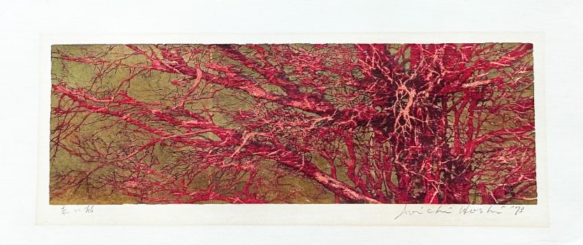 Joichi Hoshi (1913 - 1975): Red Branches: Artist/Title: Joichi Hoshi (1913 - 1975): Red Branches Date: 1973 Medium: Woodblock Print Size/Format: The print image measures 4 /5/8 X 14 5/8 inches plus margins Condition: The print is in good cond