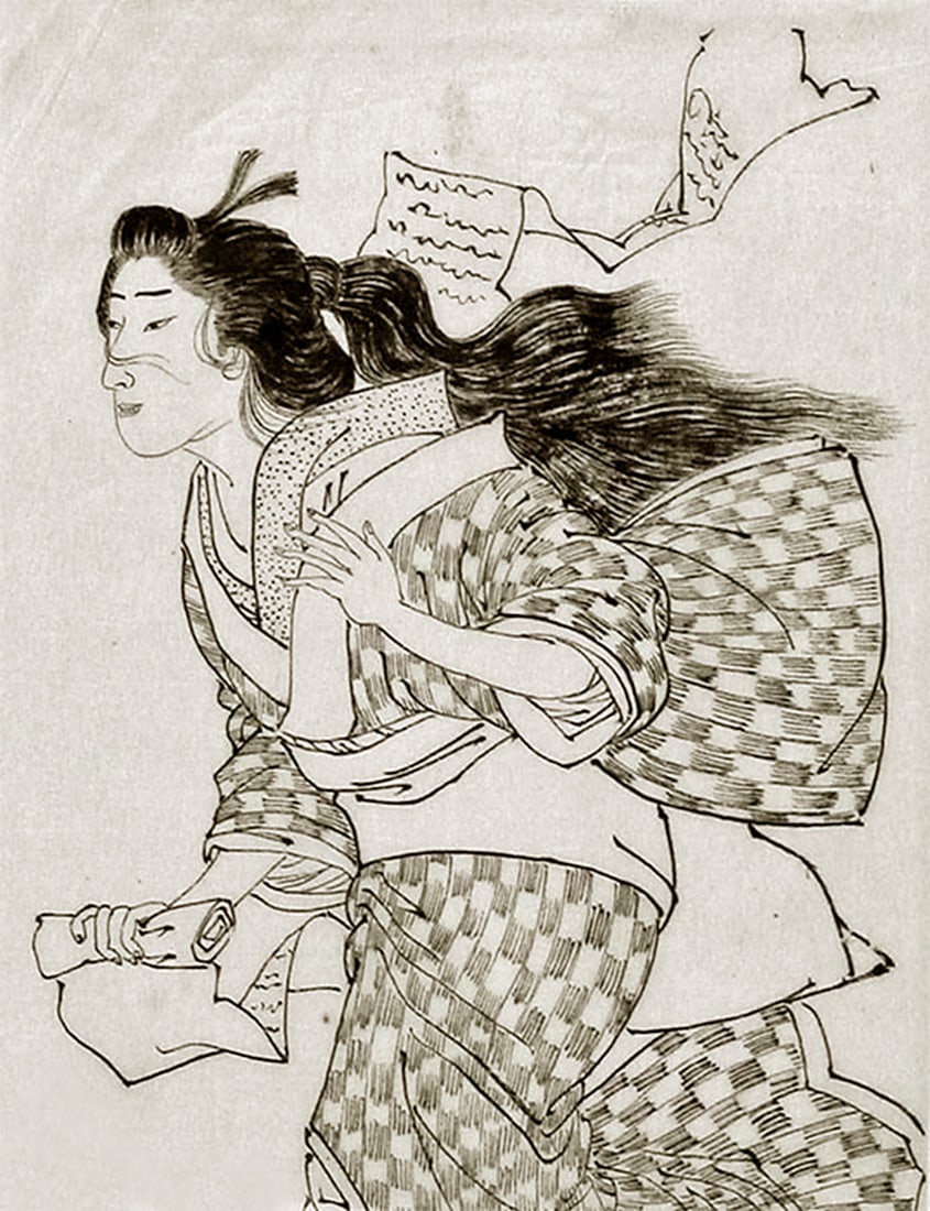 Toshikata, Mizuno (fl. 1866-1908): Woman on a stormy day with a text scroll (1 of 1)