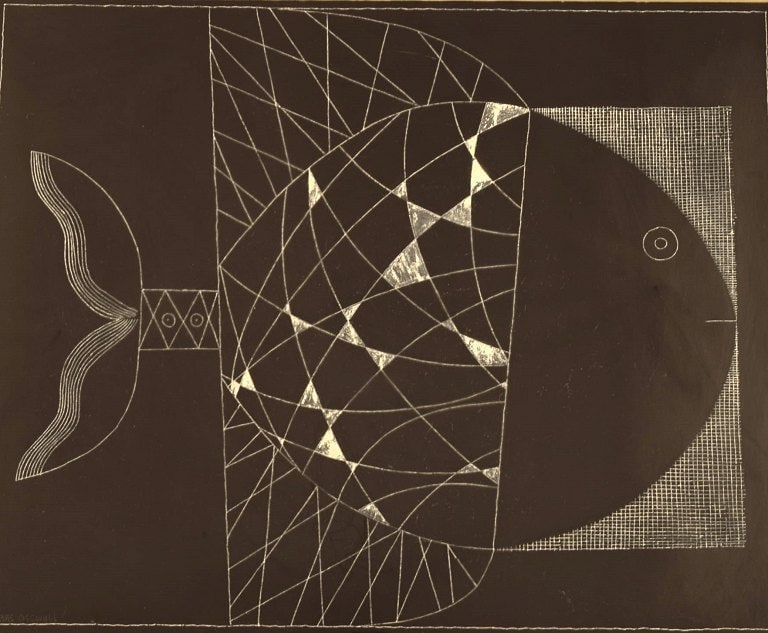 Hans Osswald (1919-1983), Swedish artist. Mixed media on paper. Fish. Mid 20th century.: Hans Osswald (1919-1983), Swedish artist. Mixed media on paper. Fish. Mid 20th century. Visible dimensions: 42 x 34 cm. Total dimensions: 51 x 45 cm. The frame measures: 2 cm. Signed. In excellent con