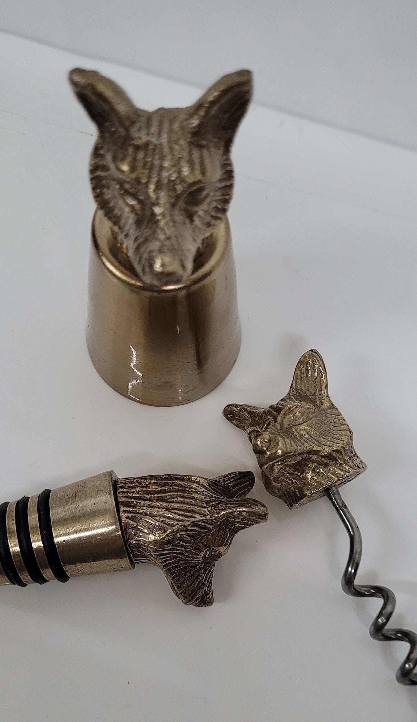 Vintage Brass Fox Head Stirrup Cup Bottle Topper Cork Screw Barware Set (1 of 9)