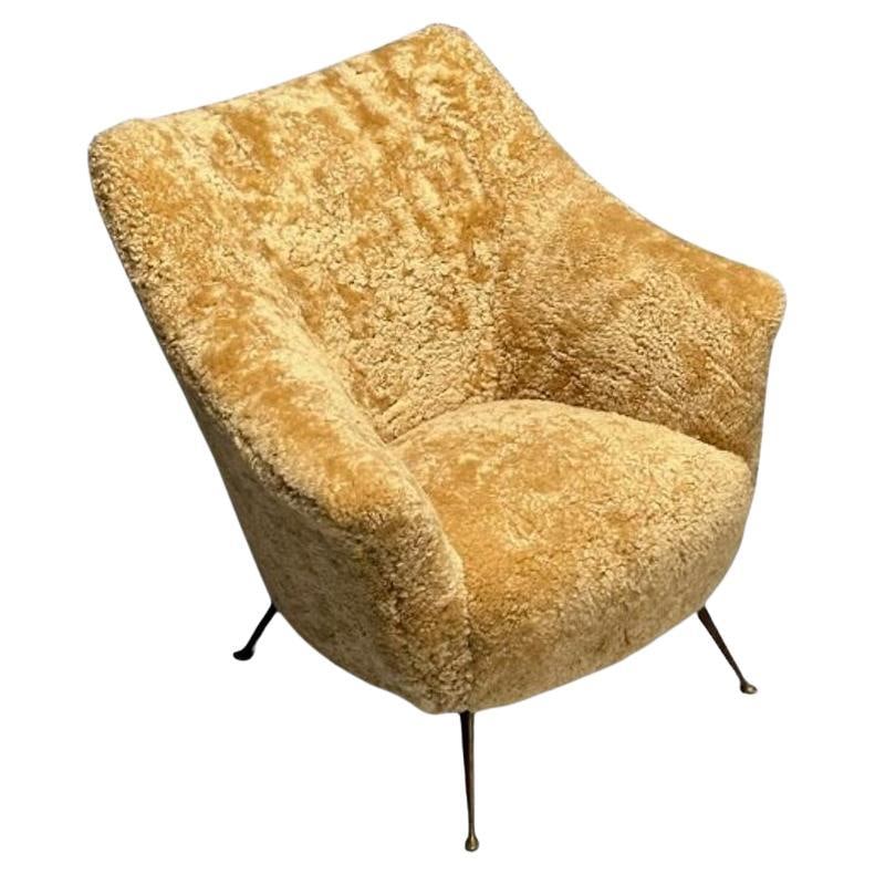 Italian Mid-Century Modern, Lounge Chair, Honey Shearling, Brass, Italy, 1960s (1 of 20)
