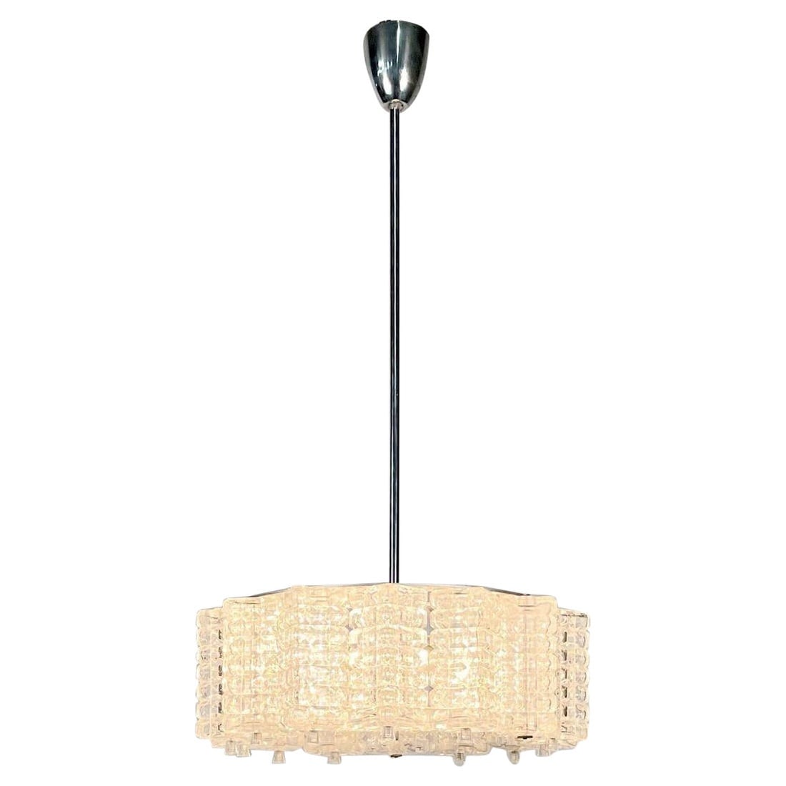 Art Deco, Chandelier, Textured Glass, Chrome, Sweden, Circa 1930s: About the Item Art Deco, Chandelier, Textured Glass, Chrome, Sweden, Circa 1930s Circular in form having five lights. Center pole can be added to or cut down to reduce or add size. Textured Glass, Chr