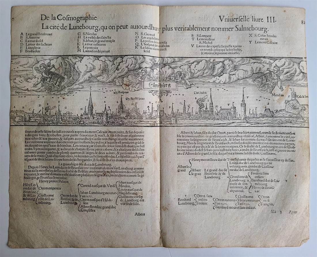 1575 LUNEBURG GERMANY LEAF BELLEFOREST EDITION of MUNSTER COSMOGRAPHY antique: Francois de Belleforest (1530 – 1583) Paris, 1575 Rare LUNEBOURG (LUNEBURG) , GERMANY VIEW AND DESCRIPTION DOUBLE LEAF from 1575 Belleforest revised French edition of Munster’s cosmography