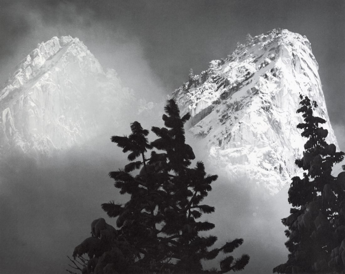 ANSEL ADAMS - Eagle Peak and Middle Brother Yosemite: Artist: Ansel Adams Title: Eagle Peak and Middle Brother, Winter, Yosemite National Park, California, 1968 Medium: Photo Litho, 1974, USA Dimensions: 14.5x11.55" Description: Heat Wax Mounted on 14x18