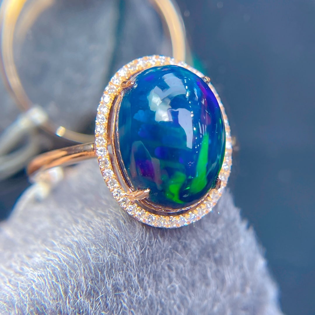 18k gold with South African diamond natural black opal ring (1 of 5)