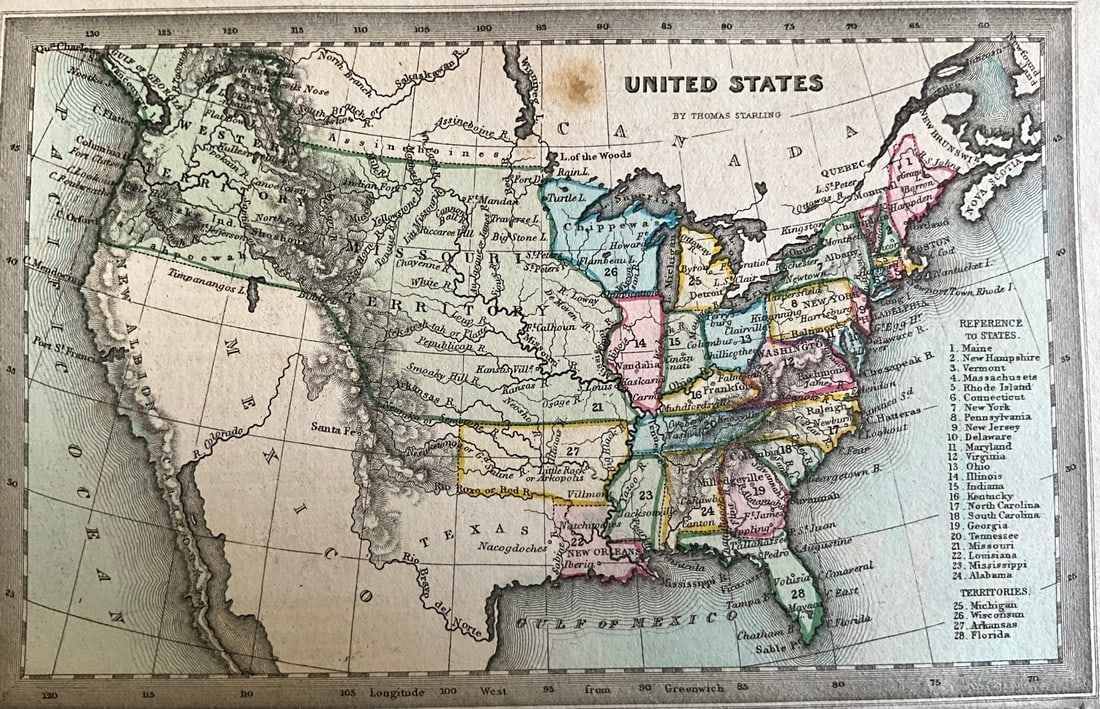 1834 United States and Independent Texas by Thomas Starling: Title: 1834 United States and Independent Texas by Thomas Starling Date/Period: 1834 Materials: Hand colored, steel engraved Size: 6 1/2 x 4 inches. This map illustrates the United States in 1834, fea