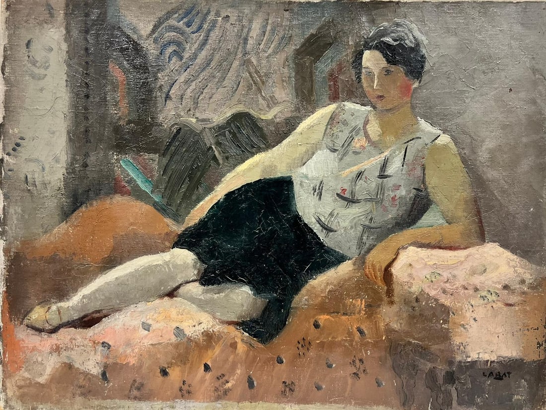 1930's French Modernist Signed Oil Portrait of Lady reclining on Sofa (1 of 10)