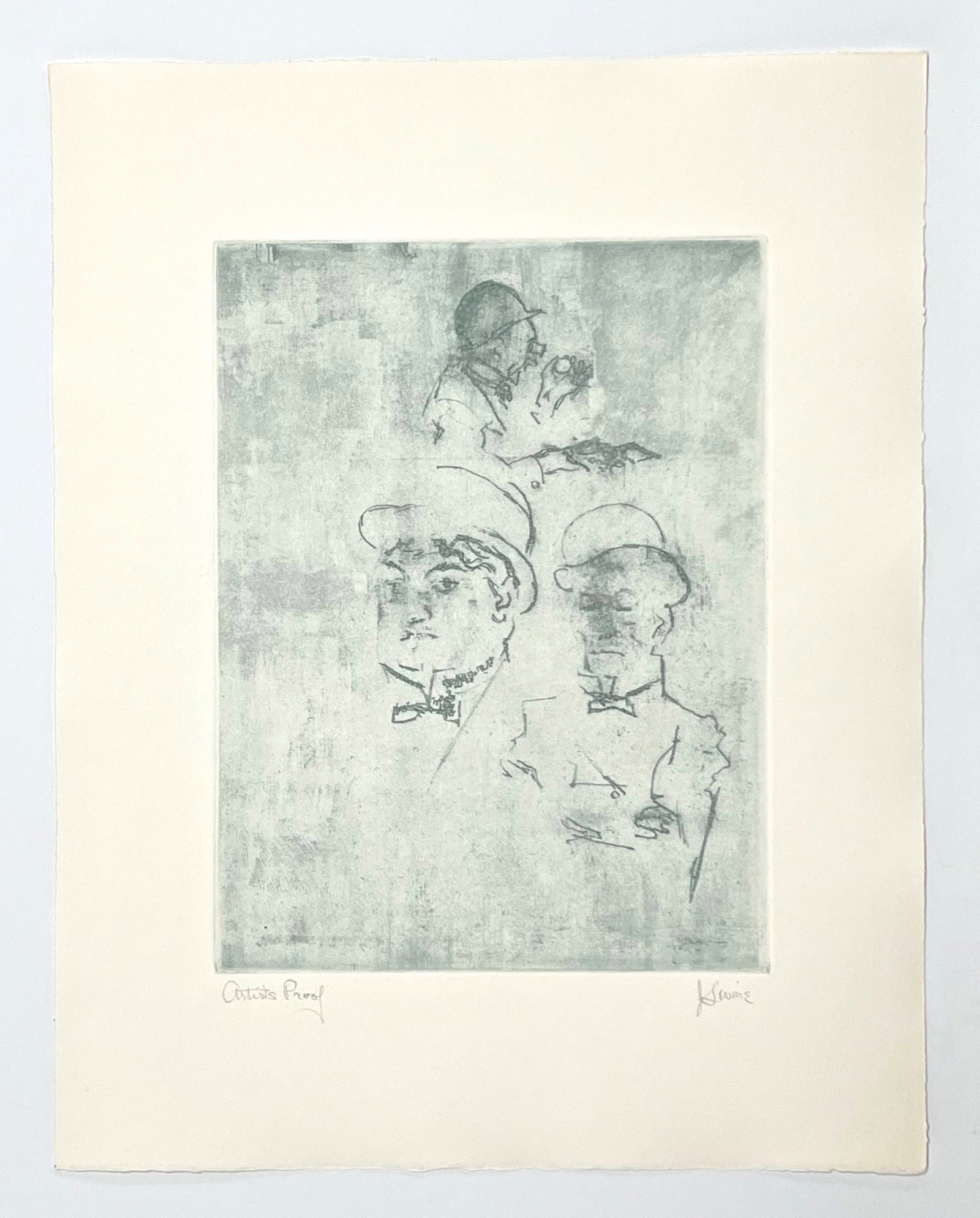 Jack Levine signed original etching "Thieves": Medium: original soft ground etching. Signed in pencil and annotated "Artist's Proof". Printed in 1967 for the Dreigroschen Film portfolio and published by Touchstone Publishers. This is one of 10 art
