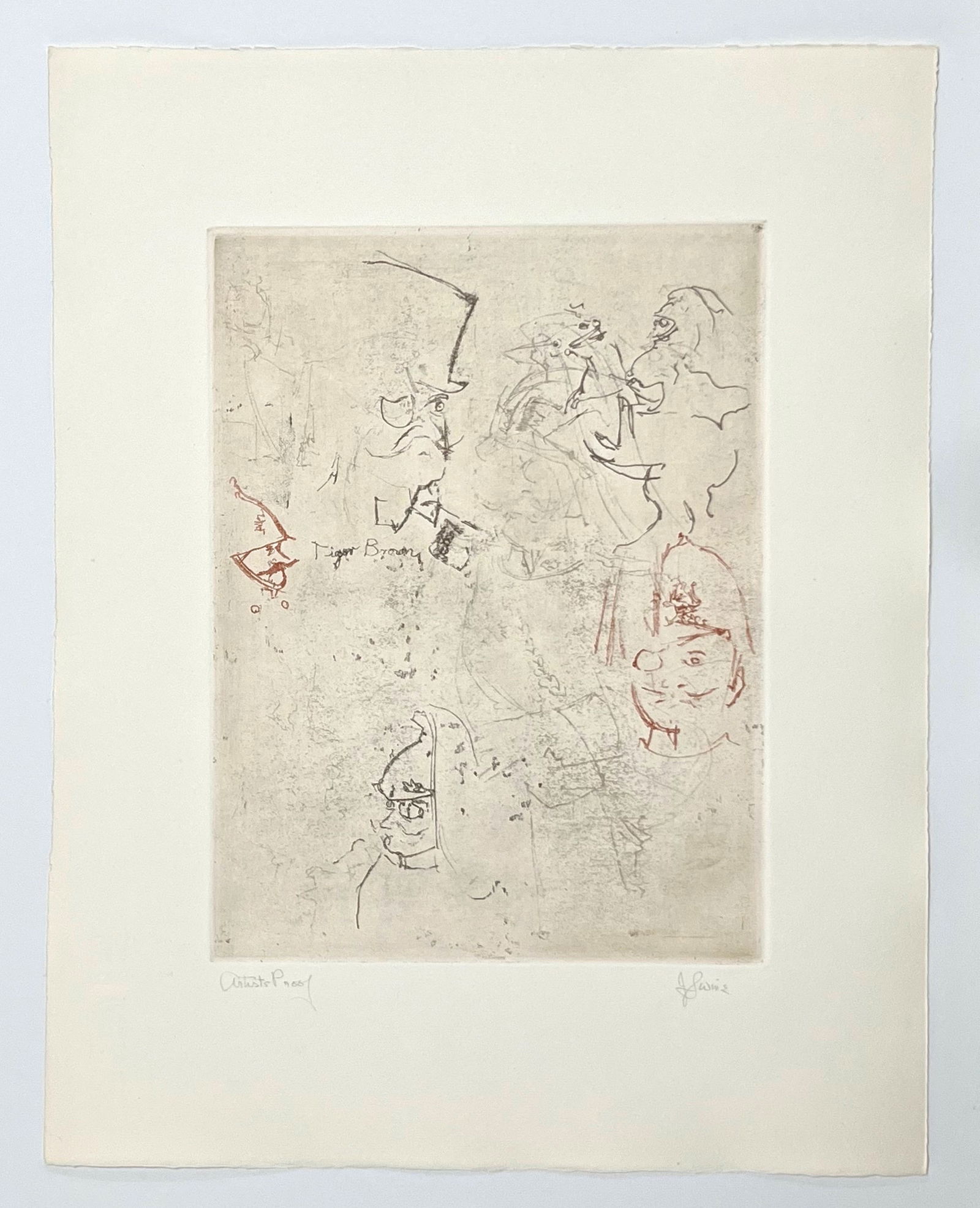 Jack Levine signed original etching "Tiger Brown": Medium: original soft ground etching. Signed in pencil and annotated "Artist's Proof". Printed in 1967 for the Dreigroschen Film portfolio and published by Touchstone Publishers. This is one of 10 art