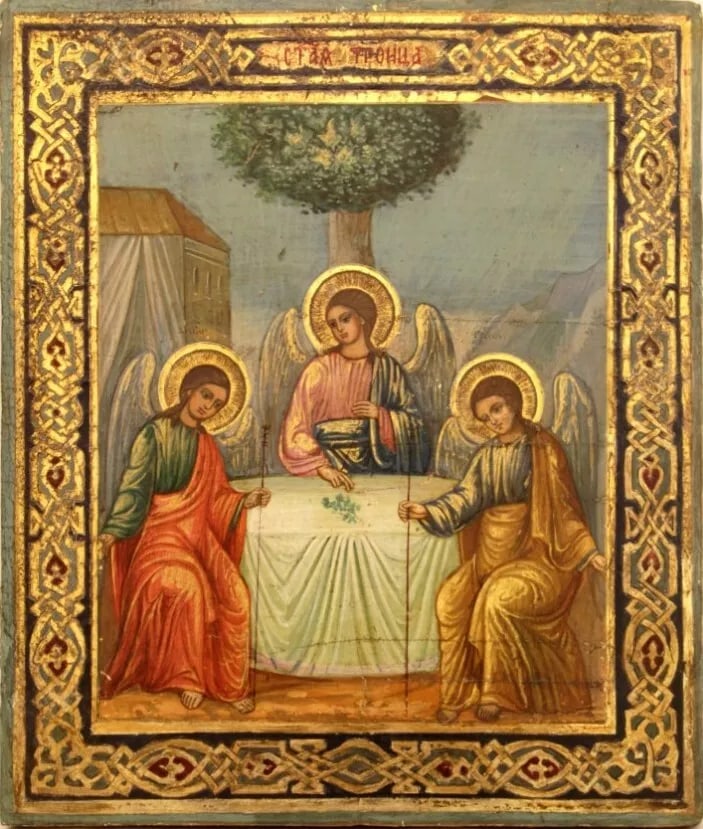 ANTIQUE 19c HAND PAINTED RUSSIAN ICON THE TRINITY ON GOLD (1 of 1)