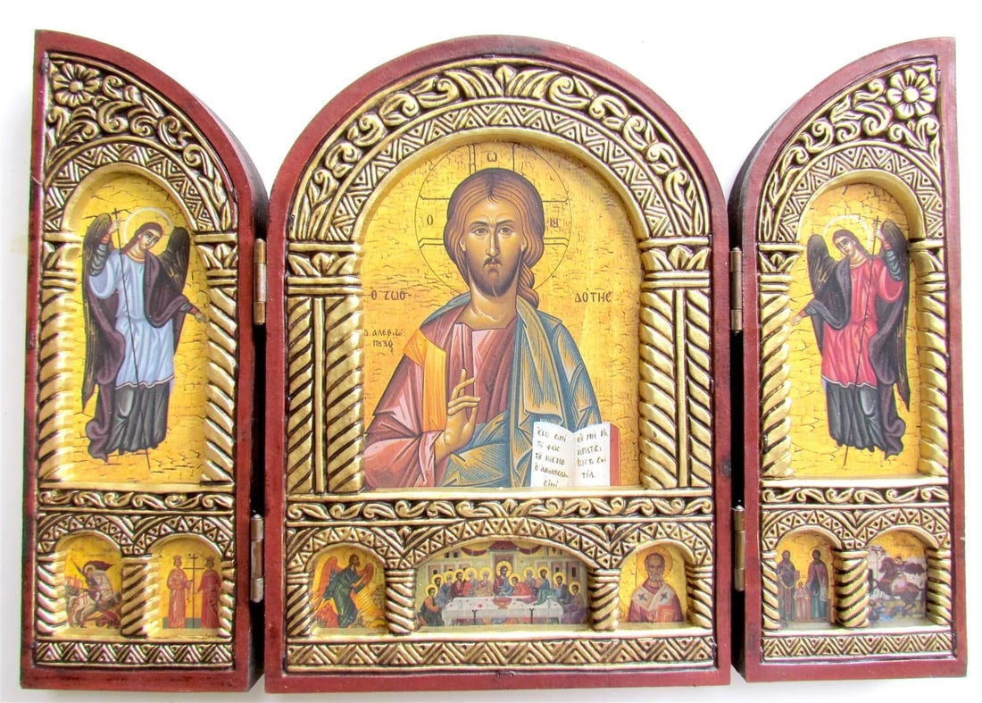 GREEK ORTHODOX ICON TRIPTYCH on WOOD with JESUS & GUARDIAN ANGELS (1 of 3)