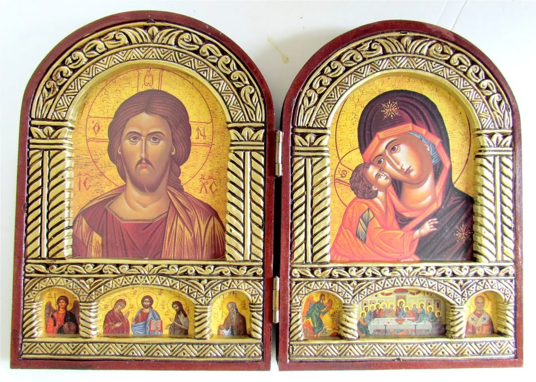 GREEK ORTHODOX ICON DIPTYCH on WOOD of JESUS & HOLY VIRGIN: New, not an antique. Size when open 11 3/4 x 8 1/4" Perfect condition. Reserve: $48.00 Shipping: Domestic: Flat-rate of $25.00 to anywhere within the contiguous U.S. International: Foreign shipping ra