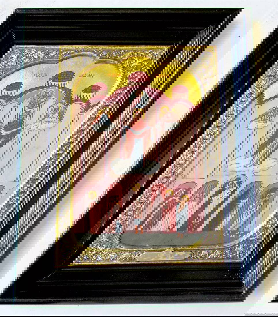 Greek Orthodox Silver Basma Icon Theotokos Intercession Marked 950 Hand