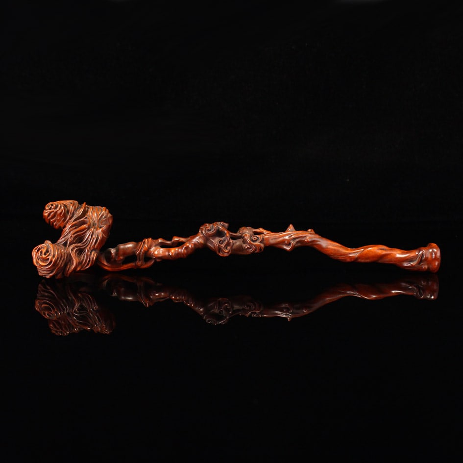 Openwork Chinese Boxwood Wood Ruyi Scepter Statue: Title: Openwork Chinese Boxwood Wood Ruyi Scepter Statue Date/Period: After1900 Origin: Chinese Dimension: 230x55x40(mm) 9.06x2.17x1.57(inches) Weight 0.08 lbs/38g Materials: Boxwood Wood Reserve: $15