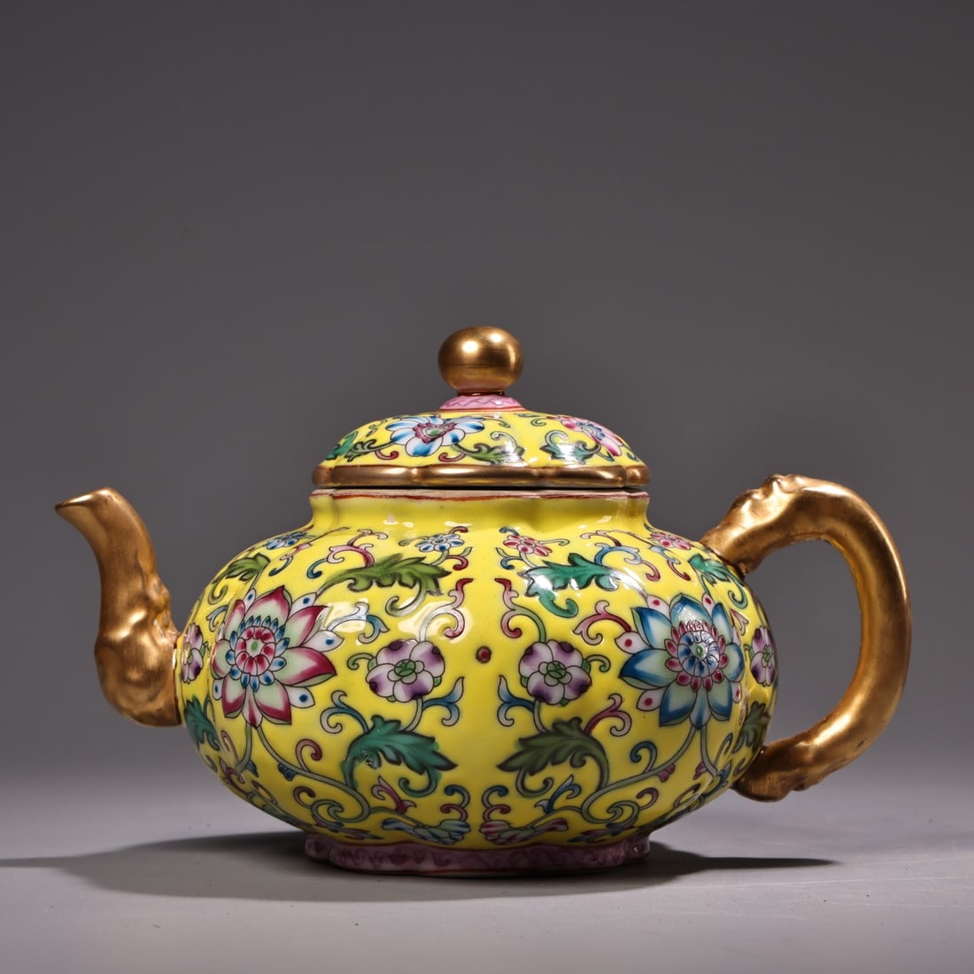 Chinese Gilt Gold Yellow Ground Famille Rose Flower Design Porcelain Teapot (1 of 12)