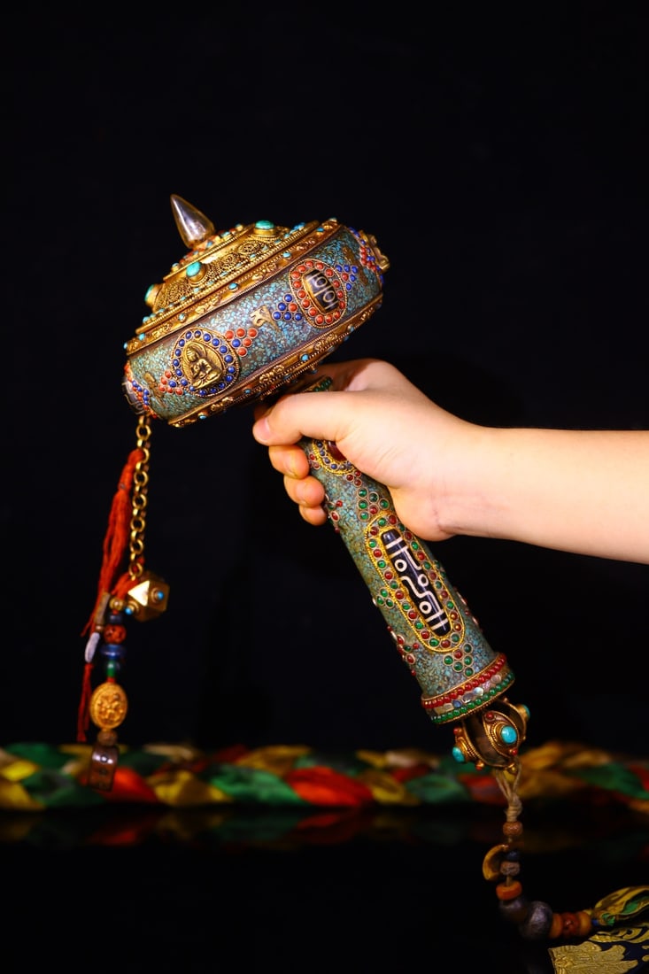 Old Tibetan Buddhism Gilt Gold Bronze Inlay Crystal & DZI Agate,Turquoise,Gem Prayer Wheel (1 of 9)
