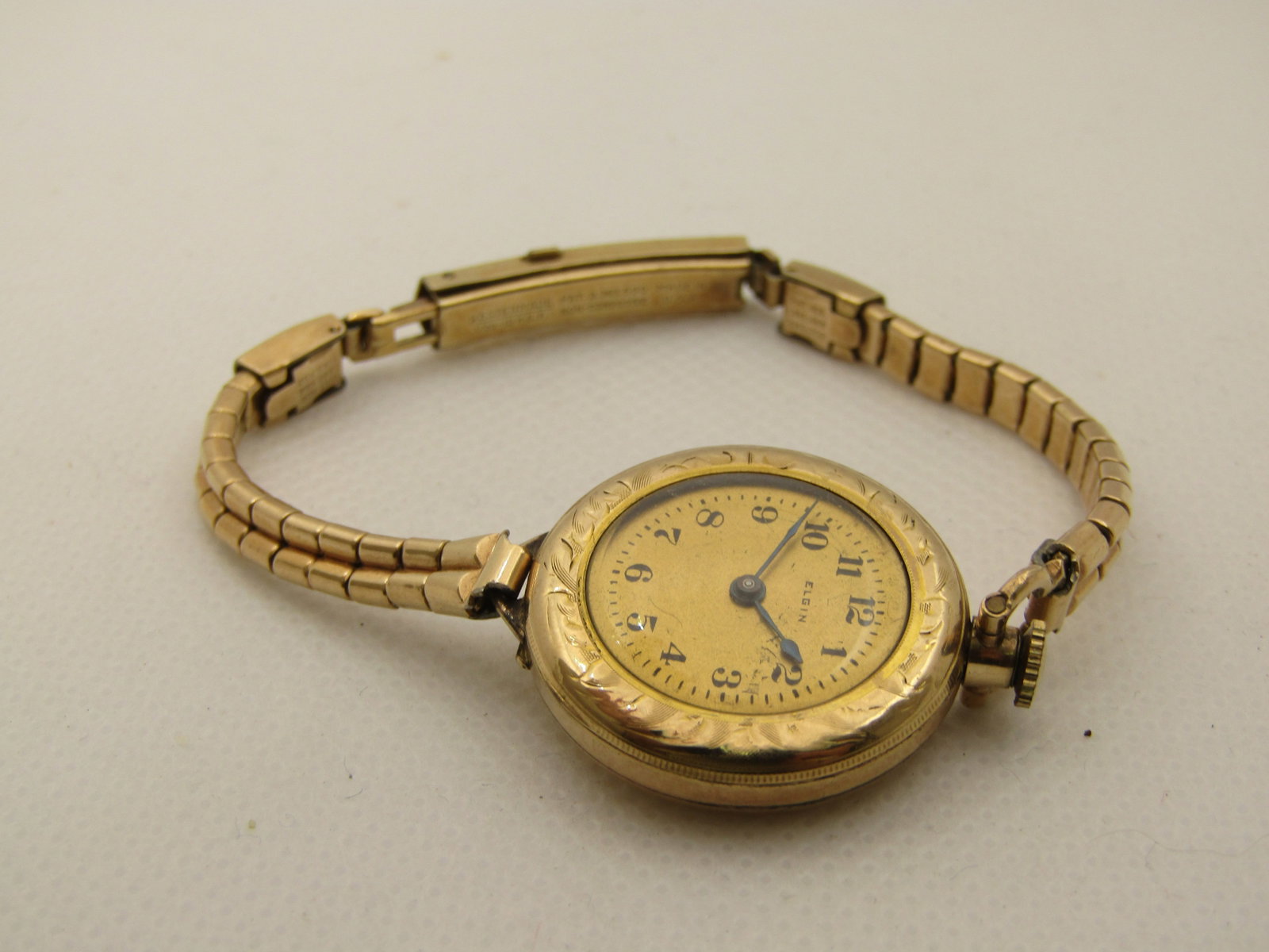 Vintage Ladies' Elgin Watch Bracelet, 10kt G.F., Kestenmade Band: Vintage Ladies' Elgin Watch Bracelet, 10kt G.F., Kestenmade Band, winding watch that does not work, engraved CDM on back. Bracelet style band that is marked 1/20 12kt G.F., non-corrosive, with patent 