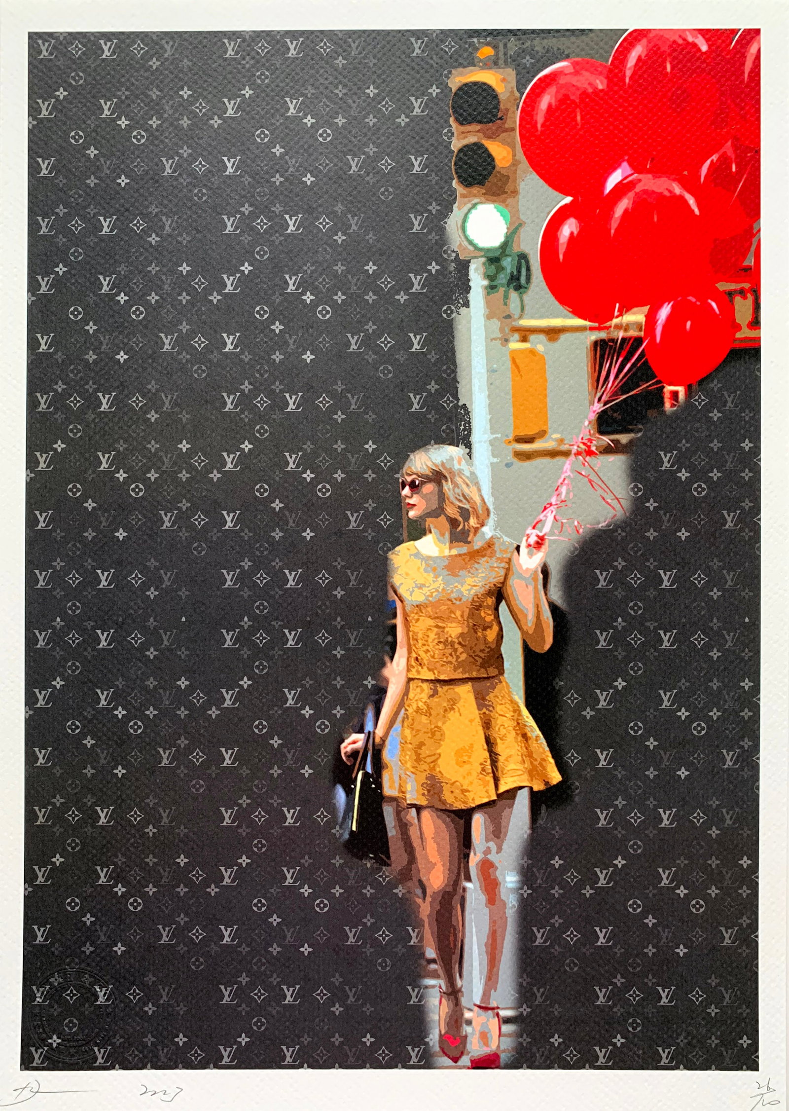 Death NYC Taylor Swift Louis Vuitton: Artist/Title: Death NYC Taylor Swift Louis Vuitton Date: 21st Century Medium: Giclee on Fine art 300 gsm paper Dimensions: 17 3/4 x 12 1/5 inch Description: limited edition giclee on paper, out of edd
