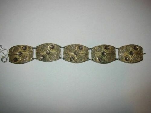 Art Deco Sterling Silver Filigree Flower Bracelet Red Enamel Flowers (1 of 3)