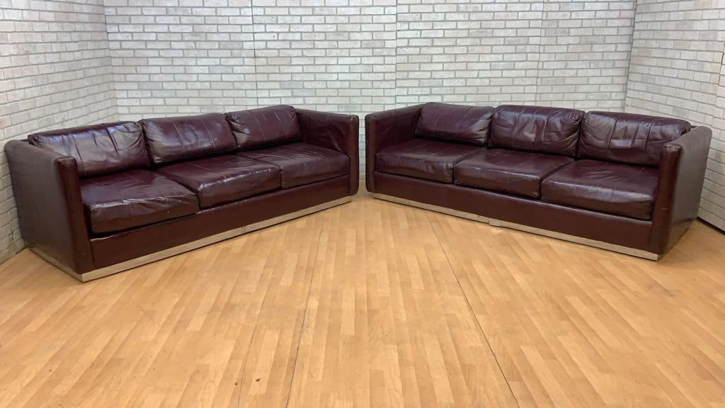 Mid Century Modern Ward Bennett Style Sofas on Chrome Plinth Bases in Burgundy Leather - Set of 2: Vintage from before 2000 Materials: Leather, metal, chrome " Vintage Mid Century Modern Ward Bennett Style Sofas on Chrome plinth Bases in Original Burgundy Leather - Set of 2. Please inquire if inter