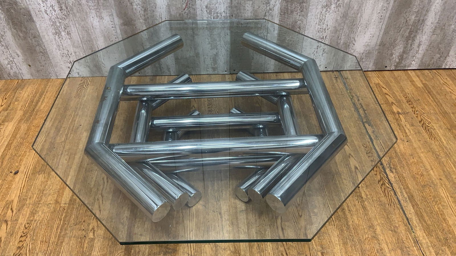 Mid Century Modern Paul Mayen Style Octagonal Shaped Tubular Chrome Glass Top Coffee Table: Vintage from the 1970s Materials: glass, metal, chrome Width: 42 inches Height: 13 inches Depth: 42 inches " Mid Century Modern Paul Mayen Style Heavy Stacked Octagonal Shaped Tubular Chrome with Thic