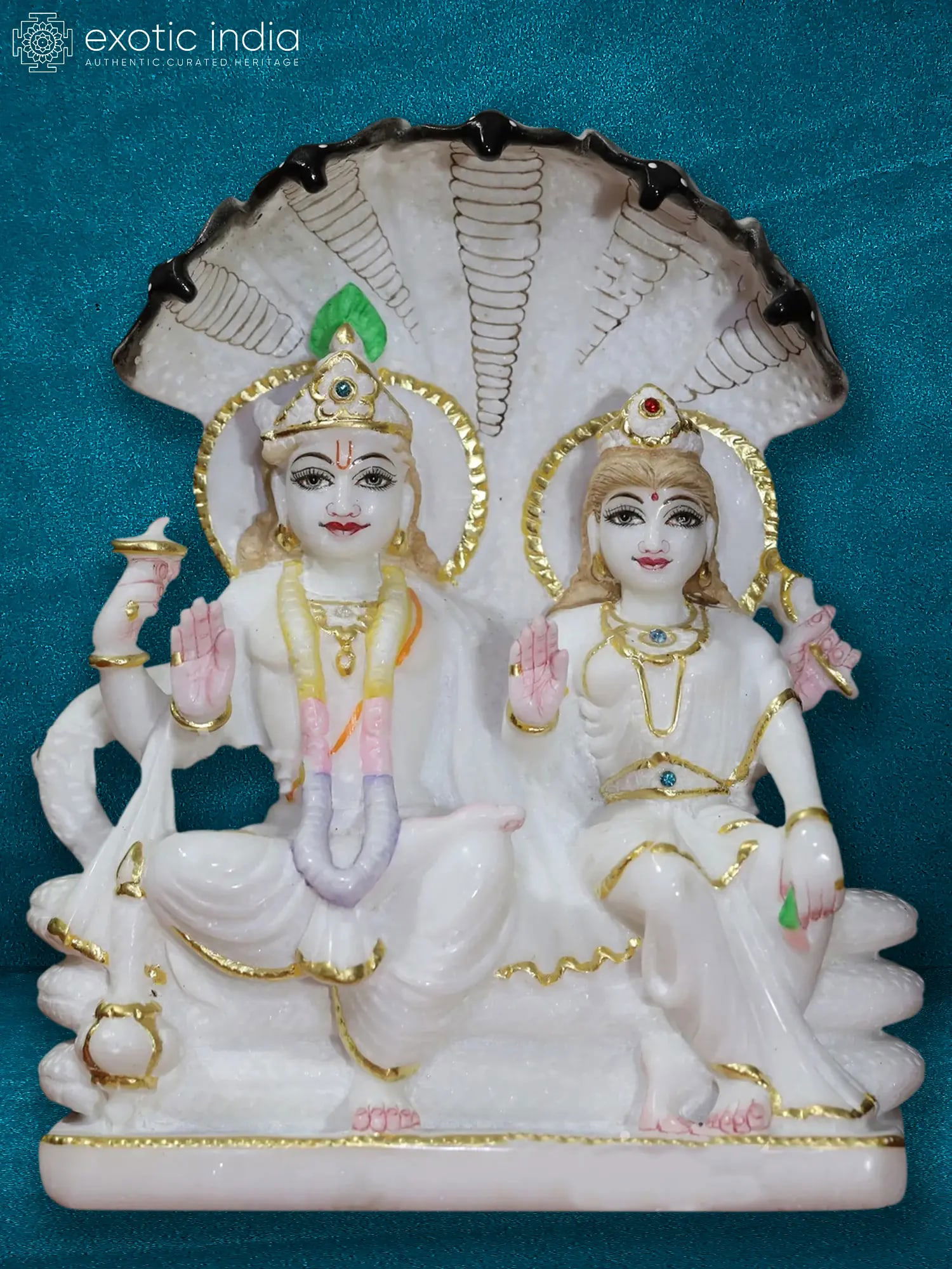 10" Lakshmi Narayan Seated On Sheshnag | White Makrana Marble Statue (1 of 4)
