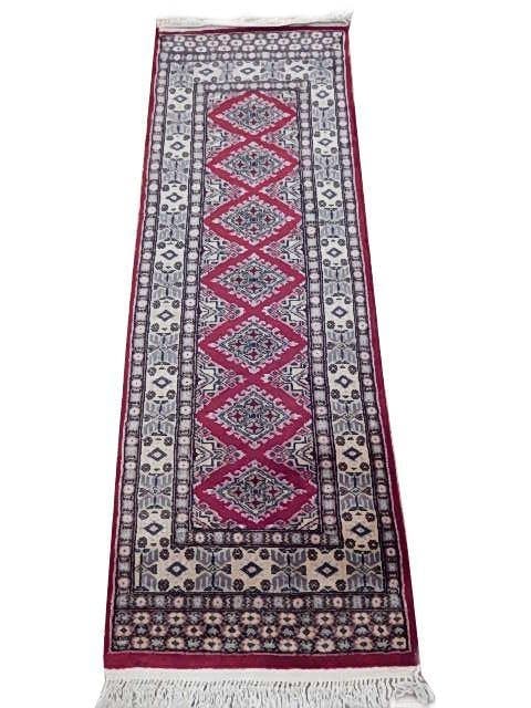 2' x 6' Jaldar Traditional Bokhara Runner Rug 78156: Title: 2' x 6' Jaldar Traditional Bokhara Runner Rug 78156 Description: Size in Feet: Width: 2' x Length: 6' Size in Inches: Width: 24 in x Length: 72 in Colors: Pinkish Red, Ivory Weave: 100% Handmad