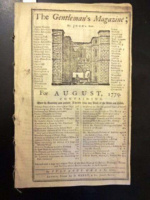 1779 Gentleman's Magazine Witches: The August 1779 issue of Gentleman's Magazine printed at London, 48 pages and one folding engraving including view of Royal Academy. Interesting article on the witches of Scotland. Revolutionary War n