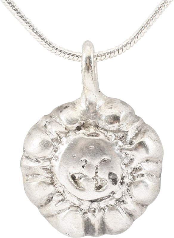 ROMAN WHEEL OF FORTUNE AMULET NECKLACE, 3ND-6TH CENTURY: The Wheel of Fortune (Rota Fortuna) is one of the most enduring of ancient philosophical or religious concepts. It was pivotal in Ancient Greek and Roman Paganism and smoothly transitioned into Christ
