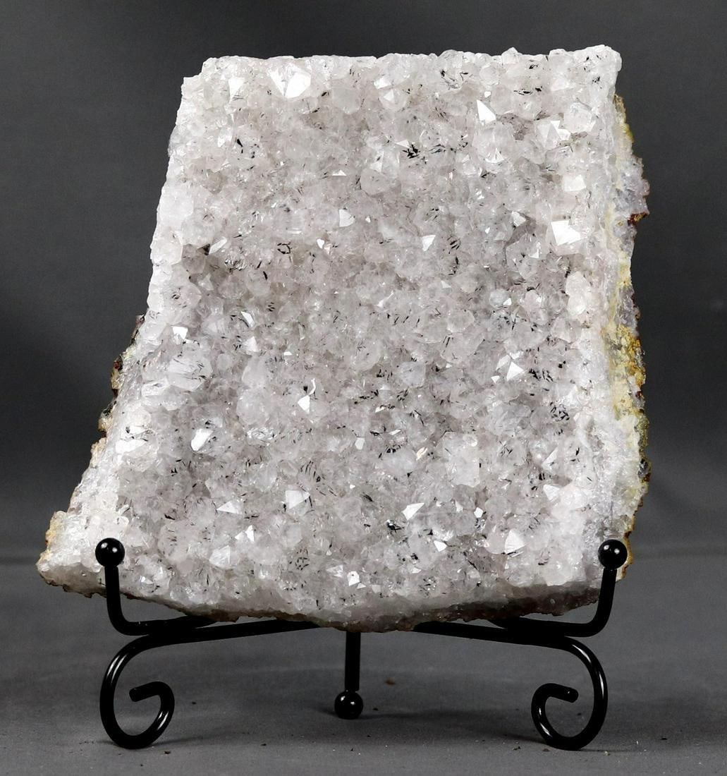 A huge Quartz + Goethit inclusions slab on elegant iron stand: A huge Quartz + Goethit inclusions slab on elegant iron stand Description: Beautiful Quartz + Goethite inclusions from Morocco displayed on an elegant iron base Findspot: Morocco Date/Period: 21th cen